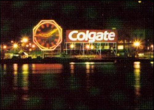 Colgate clock at night.